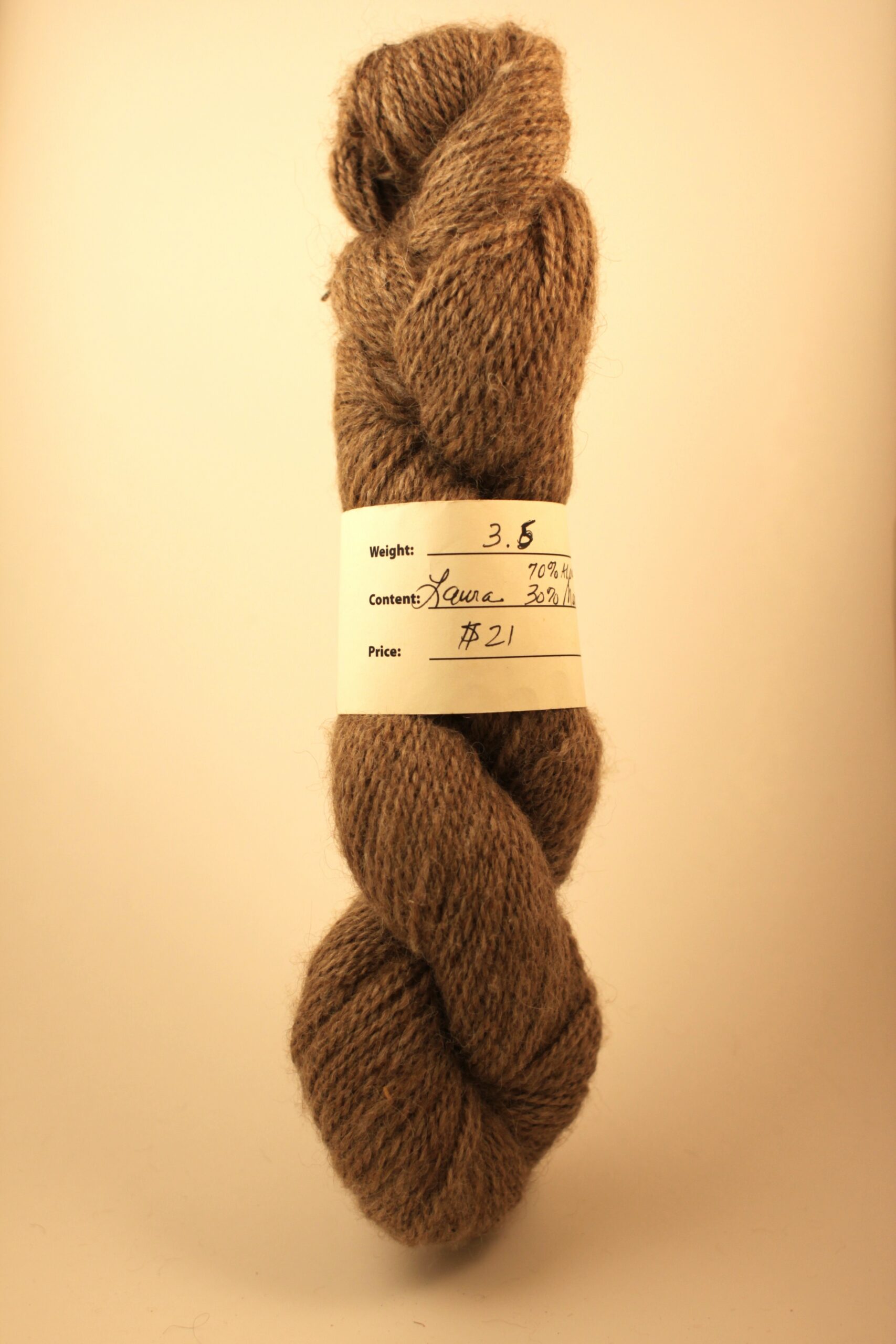 Camel-colored alpaca yarn skein from Laura from Foster's Trail and Alpaca Farm in Tennessee