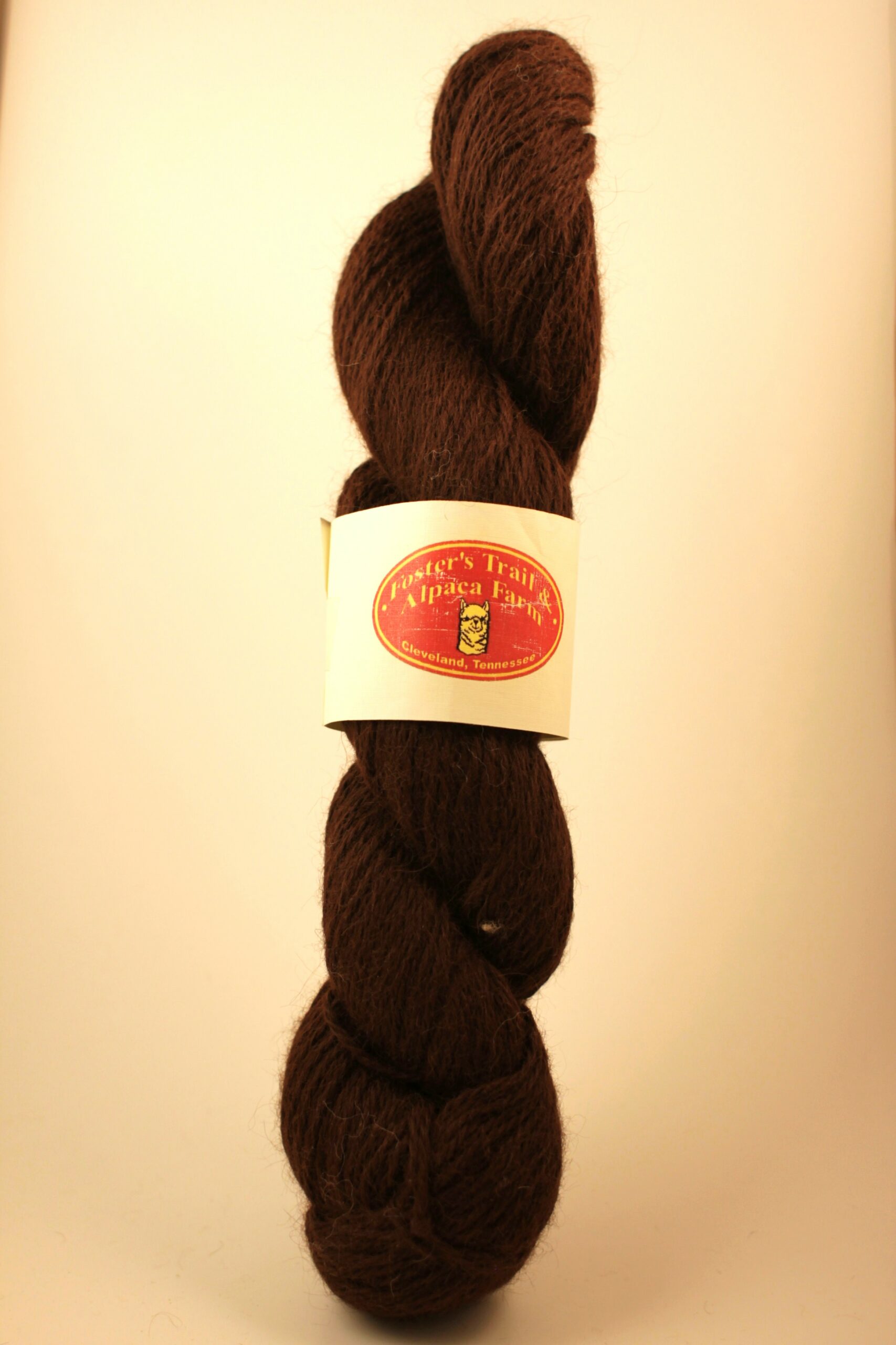 Brown derby-colored alpaca yarn from the alpaca Sasparilla from Foster's Trail and Alpaca Farm in Cleveland, Tennessee
