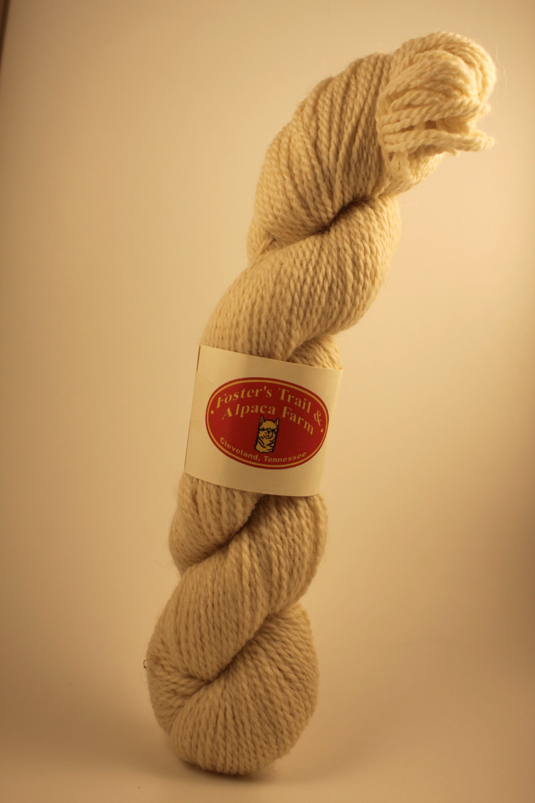 Colonial white alpaca yarn skeins from a blend of alpaca yarn from Foster's Trail and Alpaca Farm in Cleveland, Tennessee. From the alpacas Bundy, Laurel Trace and Porcelaine Princess.