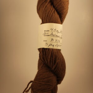 This copper-colored yarn skein is 100% alpaca fleece and comes from the alpaca Ireland from Foster’s Trail & Alpaca Farm in Cleveland, Tennessee