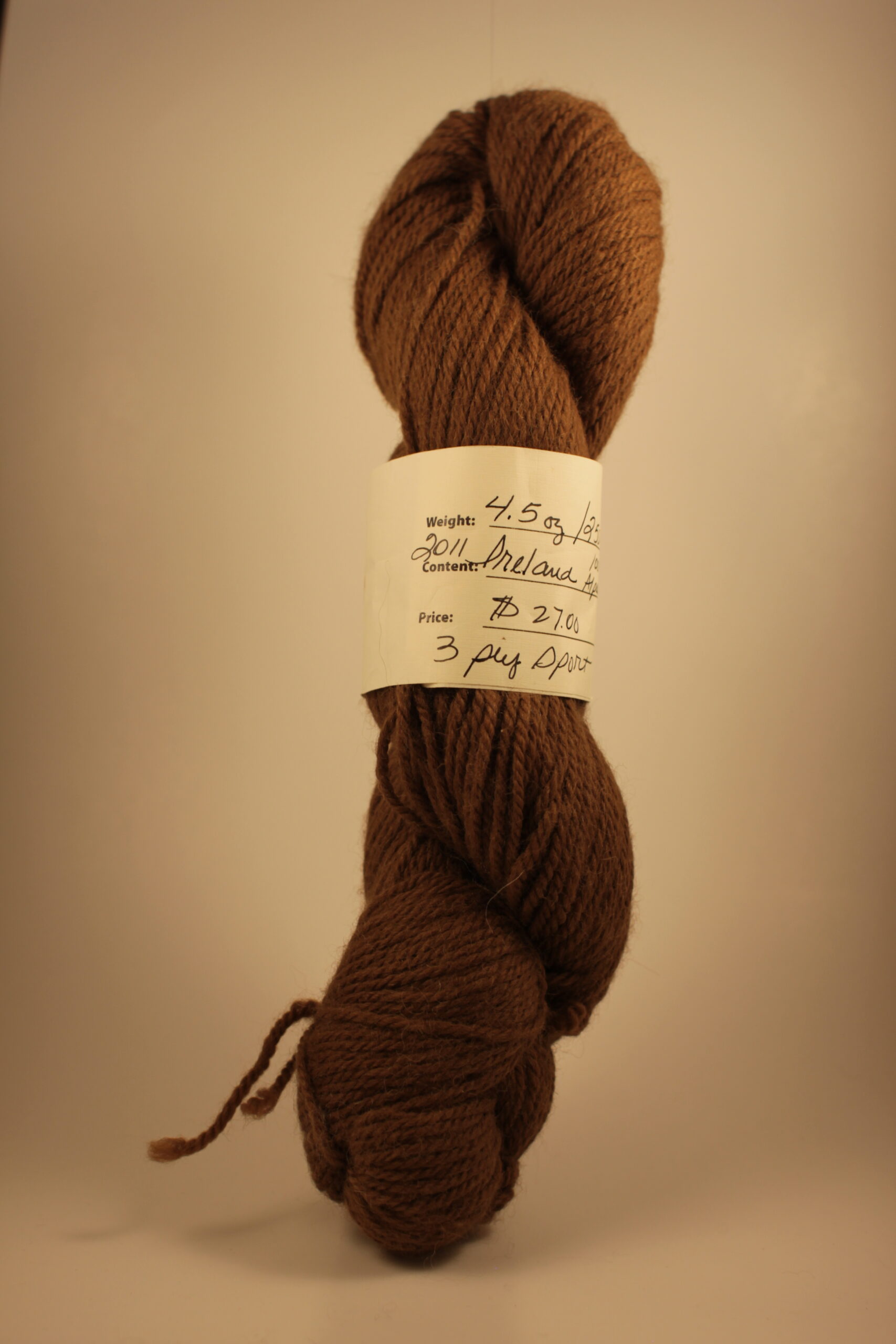 This copper-colored yarn skein is 100% alpaca fleece and comes from the alpaca Ireland from Foster’s Trail & Alpaca Farm in Cleveland, Tennessee